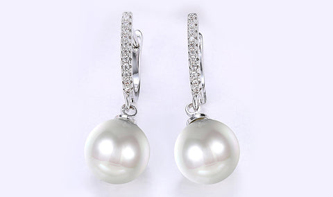 White Sapphire Thin Dangling Freshwater Pearl Clip On Earrings in 14K White Gold Plating
