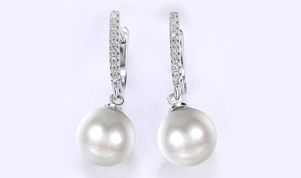 White Sapphire Thin Dangling Freshwater Pearl Clip On Earrings in 14K White Gold Plating