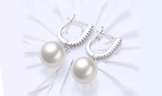 White  Elements Thin Dangling Freshwater Pearl Clip On Earrings in 14K White Gold Plating