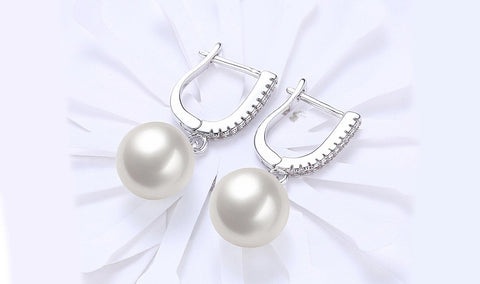 White Austrian Elements Thin Dangling Freshwater Pearl Clip On Earrings in 14K White Gold Plating ITALY Design