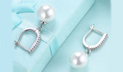 White Sapphire Thin Dangling Freshwater Pearl Clip On Earrings in 14K White Gold Plating