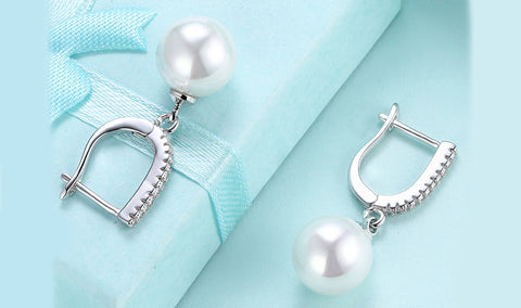 White Sapphire Thin Dangling Freshwater Pearl Clip On Earrings in 14K White Gold Plating