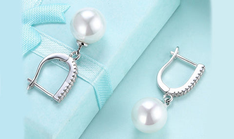 White Austrian Elements Thin Dangling Freshwater Pearl Clip On Earrings in 14K White Gold Plating ITALY Design