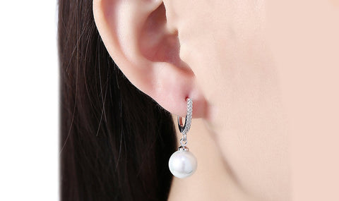 White Austrian Elements Thin Dangling Freshwater Pearl Clip On Earrings in 14K White Gold Plating ITALY Design