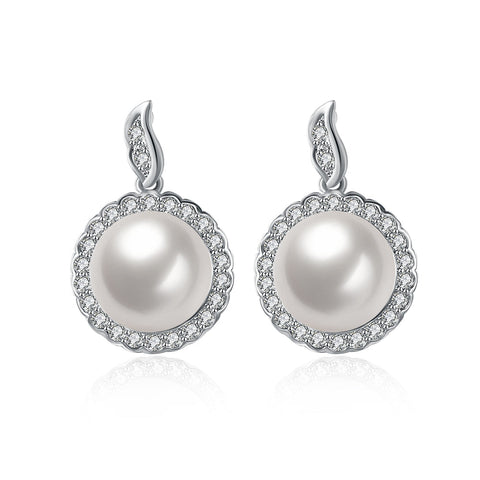 Halo Pave Freshwater Pearl Stud in 18K White Gold Plated with  Crystals