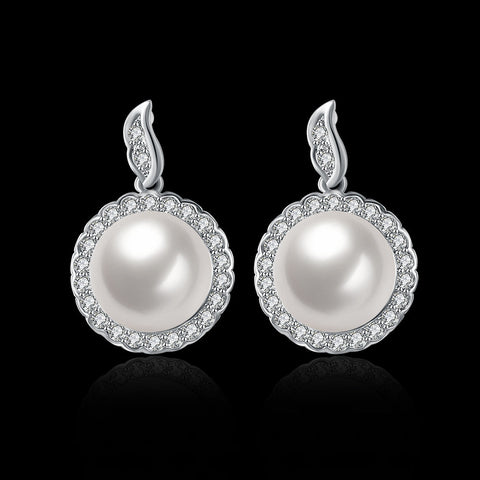 Halo Pave Freshwater Pearl Stud in 18K White Gold Plated with  Crystals