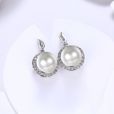 Halo Pave Freshwater Pearl Stud in 18K White Gold Plated with  Crystals