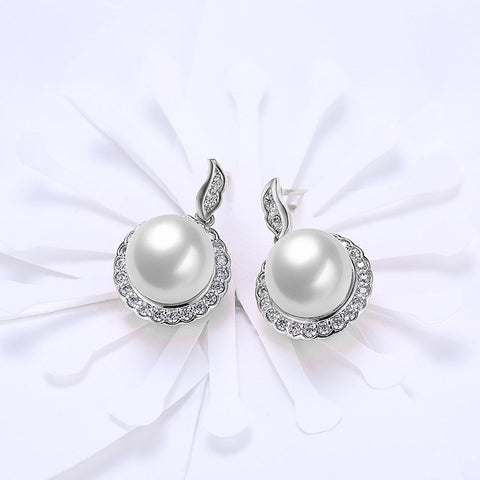 Halo Pave Freshwater Pearl Stud in 18K White Gold Plated with  Crystals