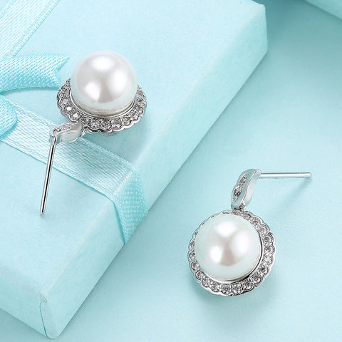 Halo Pave Freshwater Pearl Stud in 18K White Gold Plated with  Crystals