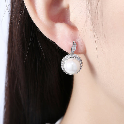 Halo Pave Freshwater Pearl Stud in 18K White Gold Plated with  Crystals