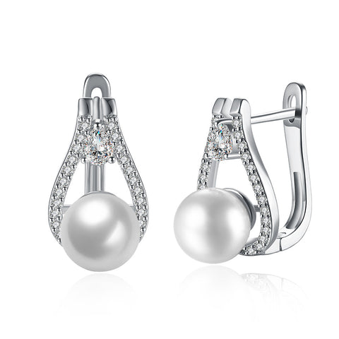 Freshwater Pearl Leverback Earring in 18K White Gold Plated with  Crystals