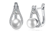 14K White Gold Plating Austrian Elements Pav'e Freshwater Pearl Pear Cut Clip On Earrings ITALY Design
