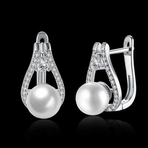 Freshwater Pearl Leverback Earring in 18K White Gold Plated with  Crystals