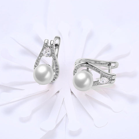 Freshwater Pearl Leverback Earring in 18K White Gold Plated with  Crystals