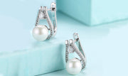 14K White Gold Plating Austrian Elements Pav'e Freshwater Pearl Pear Cut Clip On Earrings ITALY Design