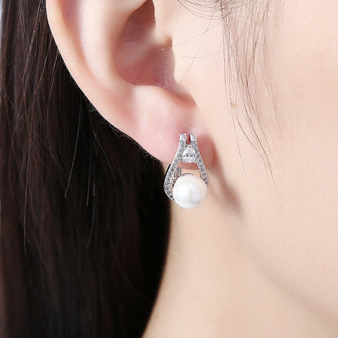 Freshwater Pearl Leverback Earring in 18K White Gold Plated with  Crystals