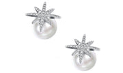 Freshwater Pearl White Sapphire Pav'e Starburst Studs in 14K White Gold Plating