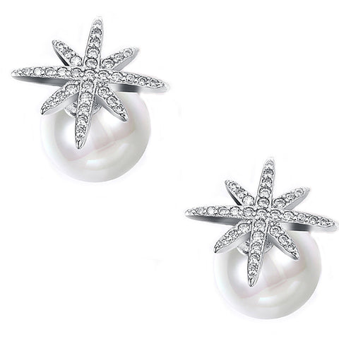 Starburst Freshwater Pearl Double Stud Earring in 18K White Gold Plated with  Crystals