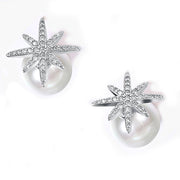 Starburst Freshwater Pearl Double Stud Earring in 18K White Gold Plated with  Crystals