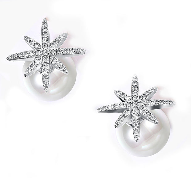 Starburst Freshwater Pearl Double Stud Earring in 18K White Gold Plated with  Crystals