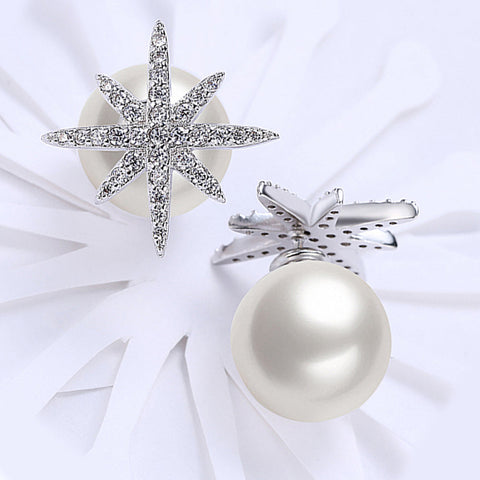 Starburst Freshwater Pearl Double Stud Earring in 18K White Gold Plated with  Crystals