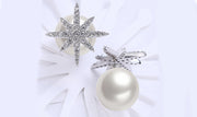 Freshwater Pearl White Sapphire Pav'e Starburst Studs in 14K White Gold Plating
