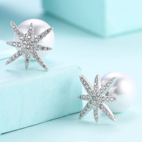 Starburst Freshwater Pearl Double Stud Earring in 18K White Gold Plated with  Crystals
