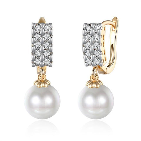 Austrian Crystal Square Shaped Pearl Leverback Earrings Set in 18K Gold - ALILY 
