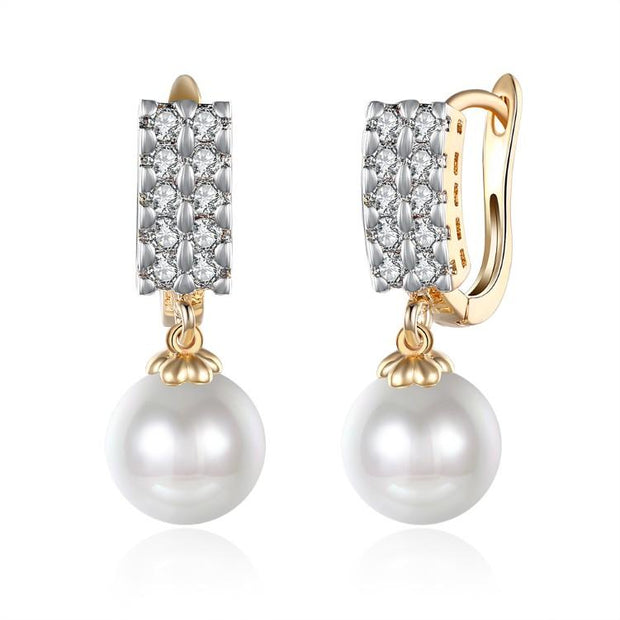 Austrian Crystal Square Shaped Pearl Leverback Earrings Set in 18K Gold - ALILY 