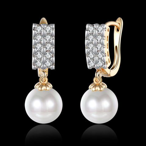 Double Row Freshwater Pearl Drop Huggie Earring in 18K Gold Plated with  Crystals