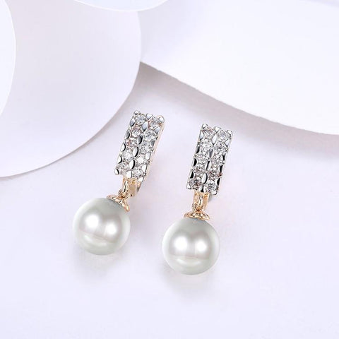 Austrian Crystal Square Shaped Pearl Leverback Earrings Set in 18K Gold - ALILY 