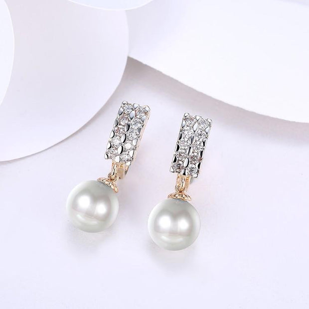 Austrian Crystal Square Shaped Pearl Leverback Earrings Set in 18K Gold - ALILY 