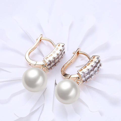 Double Row Freshwater Pearl Drop Huggie Earring in 18K Gold Plated with  Crystals