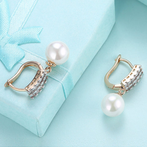 Double Row Freshwater Pearl Drop Huggie Earring in 18K Gold Plated with  Crystals