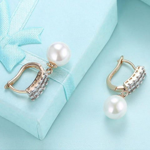 Austrian Crystal Square Shaped Pearl Leverback Earrings Set in 18K Gold - ALILY 