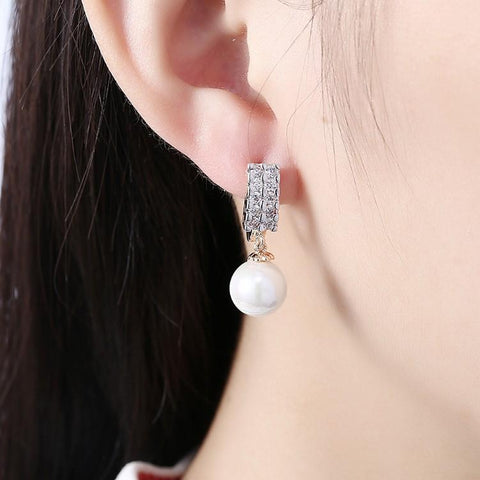 Austrian Crystal Square Shaped Pearl Leverback Earrings Set in 18K Gold - ALILY 