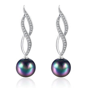 Micro Pav'e Simulated Dimaond Curved Inception Akoya Pearl Dangling Earrings Set in 18K White Gold - ALILY 
