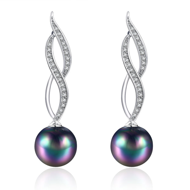 Akoya Pearl Swirl Drop Earring in 18K White Gold Plated with  Crystals