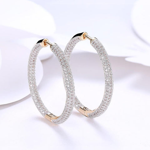 Pave Halo Disc Necklace & Pave Hoop Earring made With Austrian Crystals with Luxe Box - 18K Gold ITALY Design