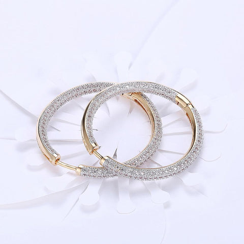 Pave Halo Disc Necklace & Pave Hoop Earring made With Austrian Crystals with Luxe Box - 18K Gold ITALY Design