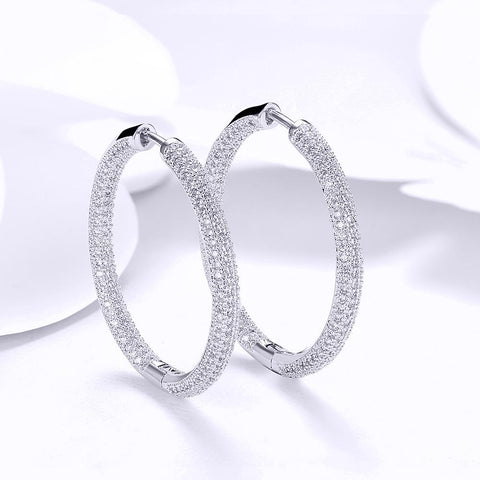 Pave Halo Disc Necklace & Pave Hoop Earring made With Austrian Crystals with Luxe Box - 18K Gold ITALY Design