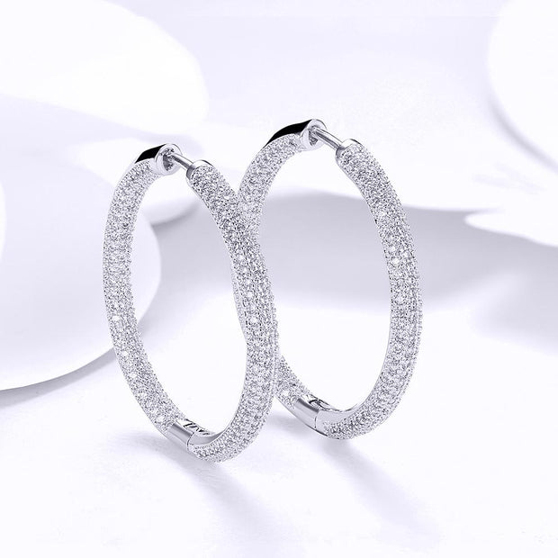 Pave Halo Disc Necklace & Pave Hoop Earring made With Austrian Crystals with Luxe Box - 18K Gold ITALY Design