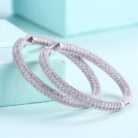 Pave Halo Disc Necklace & Pave Hoop Earring made With Austrian Crystals with Luxe Box - 18K Gold ITALY Design