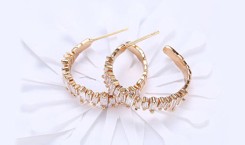 14K Gold Plating Emerald Cut Asymmetrical  Elements Earrings