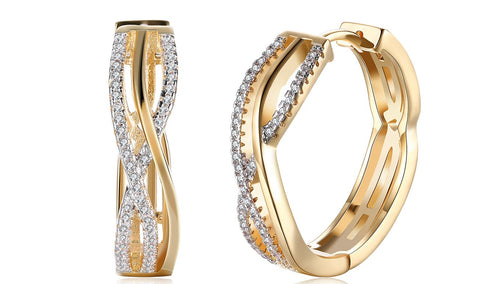 14K Gold Plating White Austrian Elements Twisted Abstract Clip On Earrings ITALY Design