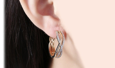 14K Gold Plating White Austrian Elements Twisted Abstract Clip On Earrings ITALY Design
