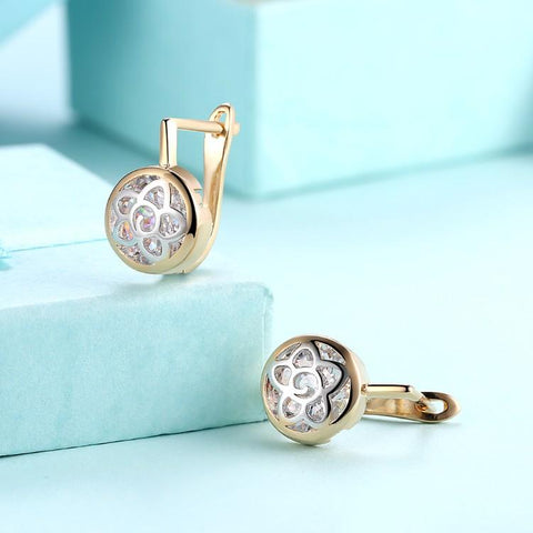 Floral Inprint Circular Leverback Earrings Set in 18K Gold - ALILY 