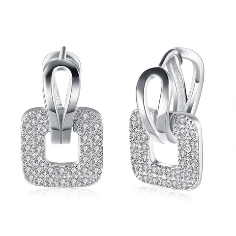 Pave Sqaure Huggie Earring in 18K White Gold Plated