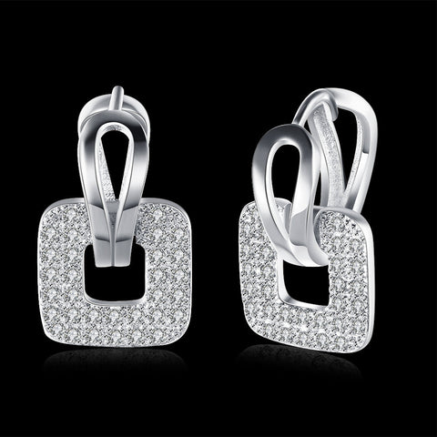 Pave Sqaure Huggie Earring in 18K White Gold Plated