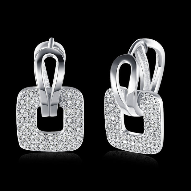 Pave Sqaure Huggie Earring in 18K White Gold Plated